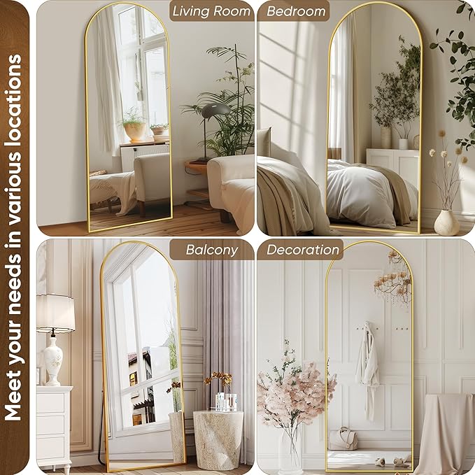 Antok Full Length Mirror, 21"x58" Floor Mirror with Stand, Hanging Mounted Mirrors for Bedroom, Living Room, Cloakroom, Dining Room, Gold, Arched
