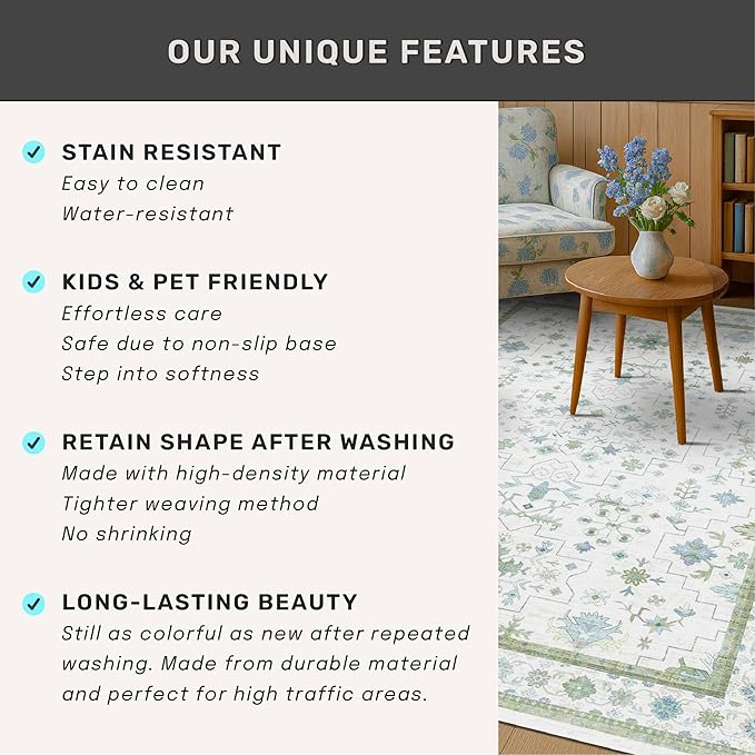 Hazo Haus Blue and Green Washable Rugs 3x6 - Vintage Boho Floral Pastel Cream, Washable Low Pile Non Slip Small Throw Accent Area Rug for Entry Way, Laudry Room, Kitchen, Bedroom Beside Bed Decor