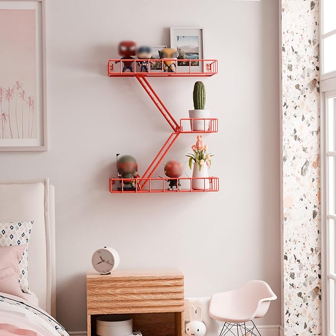 Fire Escape Shelf - 3 Tier Metal Large Red Fire Escape Wall Shelf, New York Action Figurine Display Shelf, Decorative Wall Shelf, Unique Rustic Floating Shelves for Bedroom, Bathroom (17 inch)