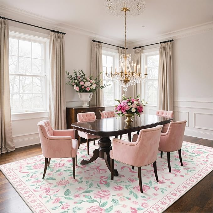 GENIMO 6X9 Washable Vintage Area Rugs for Living Room, Non-Slip Low Pile Chenille Print Rug, Soft Rugs for Bedroom Dining Room Home Office, Pastel Pink
