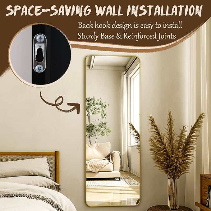 XRAMFY 56"x21" Floor Full Length Mirror Standing Full Body Rounded Corner Rectangle Mirrors with Stand Hanging Wall Mounted Leaning Bedroom Living Room Bedroom Cloakroom,Gold