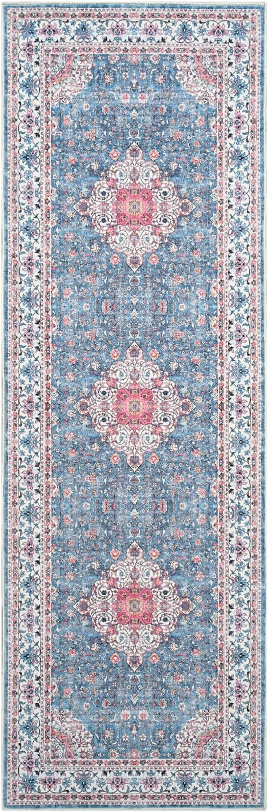Goideal Washable Runner Rug 2x6, Vintage Rugs Non Slip, Indoor Low Pile Carpet with Rubber Backing for Kitchen Bathroom Entryway Office Bedroom,Blue & Hot Pink