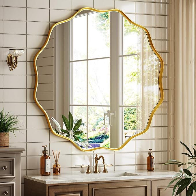 Round Wavy Mirror 42 Inch Bathroom Vanity Mirror Metal Frame Circle Wall Mounted Mirror for Bedroom Living Room Entryway Gold