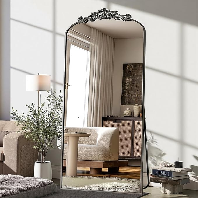 Dewfig Arched Full Length Mirror, 71"x32" Full Body Mirrors with Carved, Floor Mirror for HomeDecor, Standing/Halling Large Wall Mirror for Bedroom, Living Room, Cloakroom, Black, Retro Style