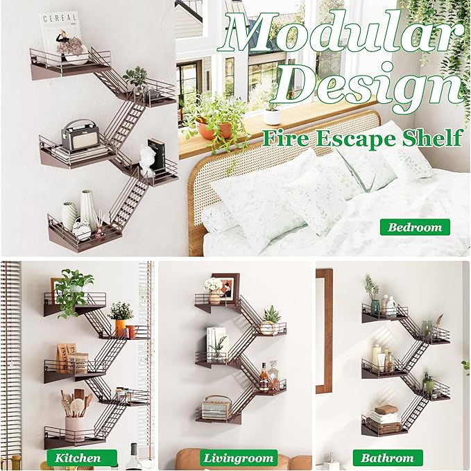 Fire Escape Shelf - 5 Tier Large Coffee Metal Fire Escape Wall Shelves with Baskets, New York Action Figurine Display Shelf, Unique Rustic Floating Decorative Wall Shelves for Home