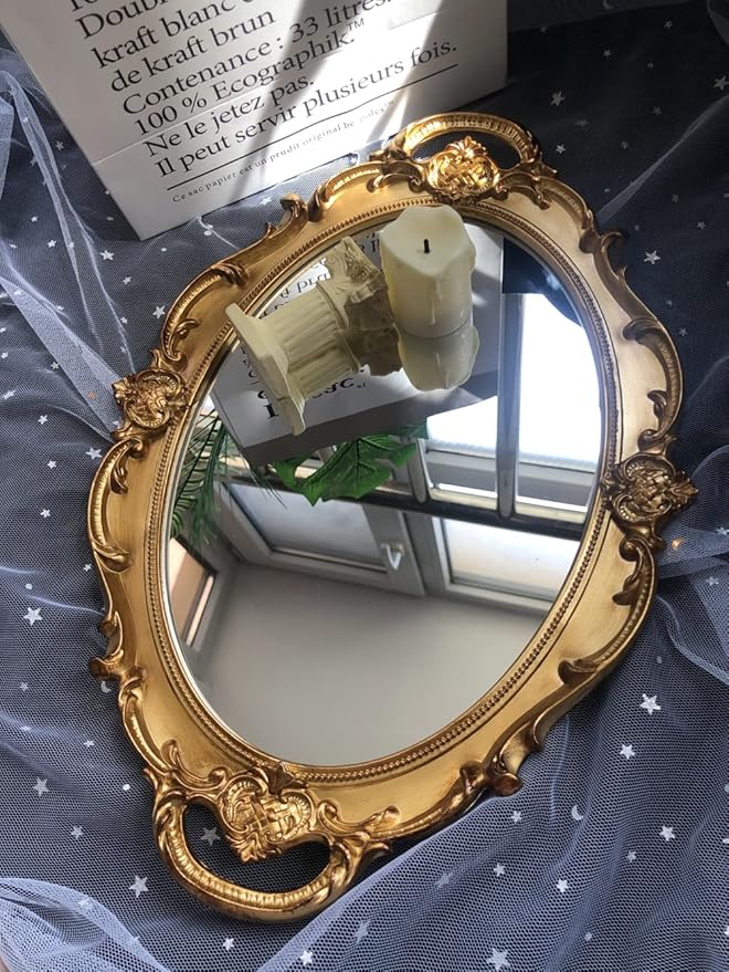 Schones Geschaft Decorative Mirror Tray, Makeup Jewelry Perfume Organizer,Vintage Oval Display and Serving Tray for Bedroom Living-Room Dresser Decor (14.6”x 9.8”) (Golden - Oval)