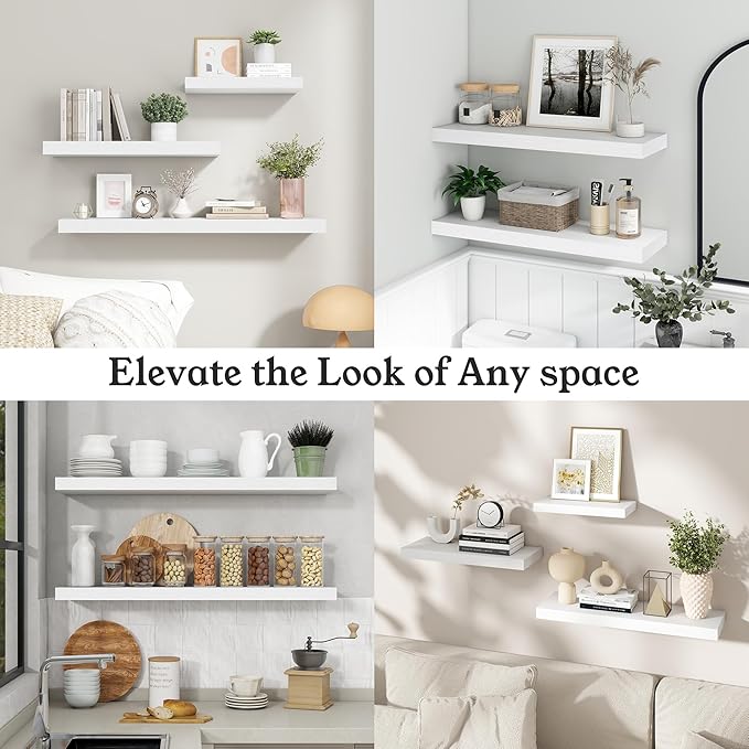 Floating Shelves for Wall, 9.3" Deep Wall Mounted Wood Shelves for Bathroom, Bedroom (White, 55)