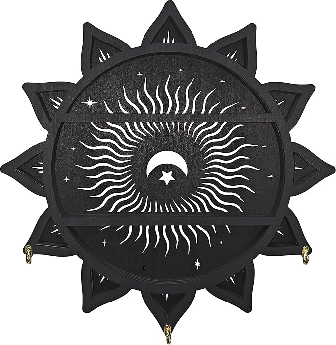 Chakra Lotus Flower Crystal Display Shelf with LED Light, Witchy Home Decor Boho Decorative Wall Mounted Trinket Shelf Wooden Sun Moon Shelf Rock Case Stone Storage Floating Hanging Holder