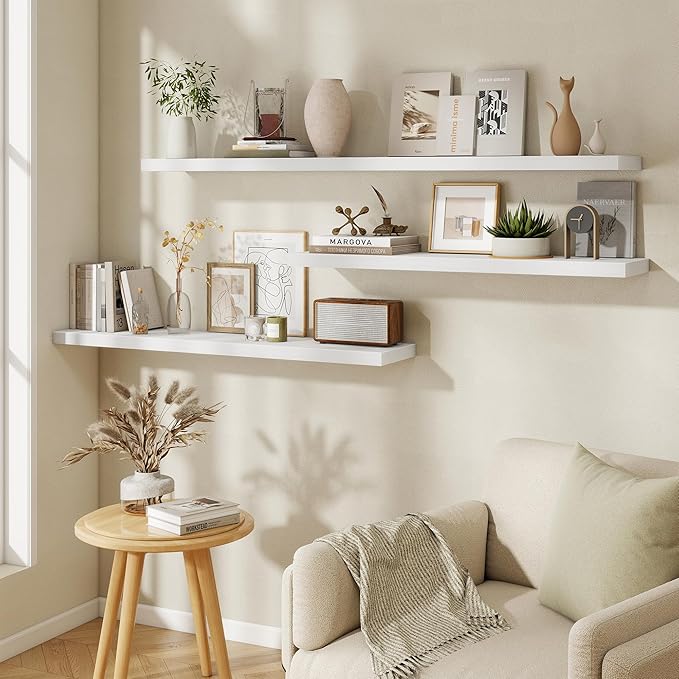 Fun Memories White Floating Shelves 55 Inch Long, 9.3 Inch Deep Floating Shelf for Wall, Living Room, Bedroom, Kitchen, Large Deep Wall Shelves with Invisible Bracket for Books, Decor