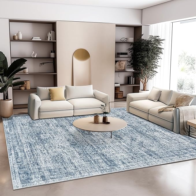 Soalmost 9x12 Area Rugs for Living Room, Non Slip Machine Washable Vintage Rugs, Low Pile Lightweight Large Rug for Bedroom, Dining Room, Home Office Blue