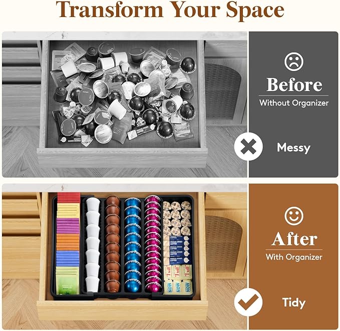 Lifewit Coffee Pod Holder Drawer Organizer, Expandable Coffee Pods Storage Drawers Insert for Tea Bags, Bar Organizer Compatible with K Cup, Nespresso OriginalLine, VertuoLine Capsules Black