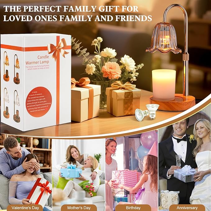 Candle Warmer Lamp Electric: Timer Dimmer Candles Warming Jar Light - Height Adjustable Dimmable Warmers Lamps - Flower No Flame Lamps with Heat Warm Melt Wax - Home Bedroom Decor Table Light