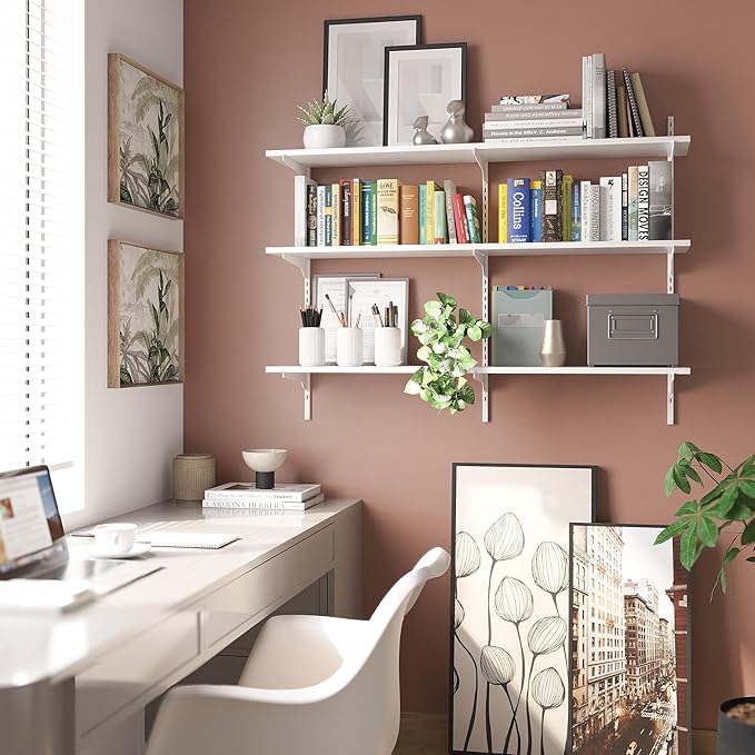 Wallniture Turin 3 pcs 48 inch Long, 10 inch Deep Bookshelf, Height Adjustable Brackets, Ladder Shelf Style Wall Mounting Shelves, 3 Tier, White