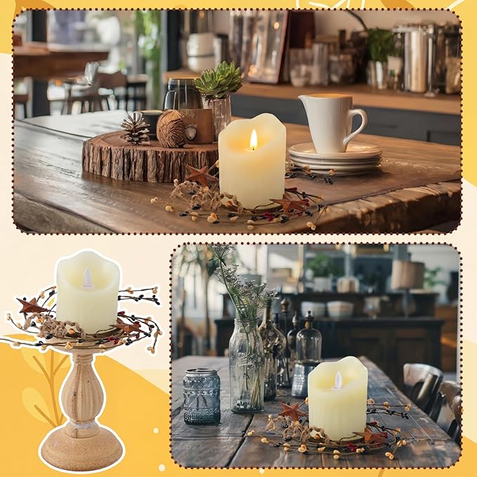 Daifunli 2 Pcs Primitive Pip Berry Candle Ring Rusty Stars Candle Wreath Ring for Pillar 3.9 Inch Candles Holder for Wedding Season Dining Table Centerpiece Decor