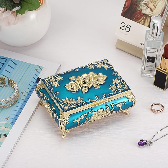 Hipiwe Metal Decorative Jewelry Box Vintage Treasure Chest Case Ornate Trinket Organizer Earrings Necklace Bracelet Storage Box Ring Holder Keepsake Box for Women