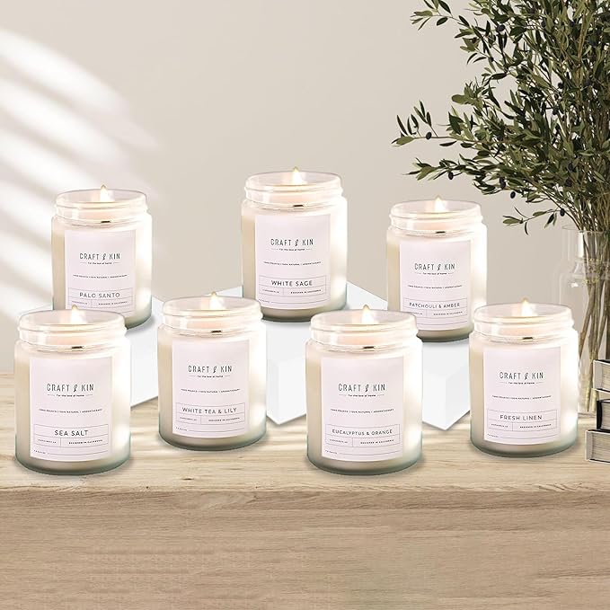 Craft & Kin White Tea & Lily Scented Candle | 8 Oz 45 Hour Long Lasting | Classic Soy Scented Woodwick Holiday Candles | Made with Natural Soy | Winter Candles Gifts for Men and Women