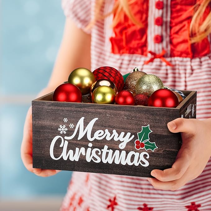 Namalu Christmas Hot Cocoa Bar Storage Box Wooden Crate with Handles Hot Cocoa Decorative Rustic Farmhouse Wood Basket Christmas Wood Storage Bins Organizer Bucket for Xmas Candy Dish Home (Wood)