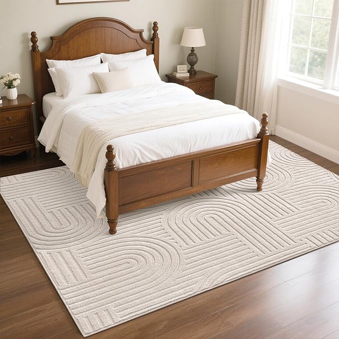 SHACOS Soft Cozy Fluffy Arch Pattern High Low Pile Area Rugs 10'x14' Large Non Slip Washable Modern Geometric Rug Scandinavian Minimalist Carpet for Living Room Bedroom Dining Room, Beige