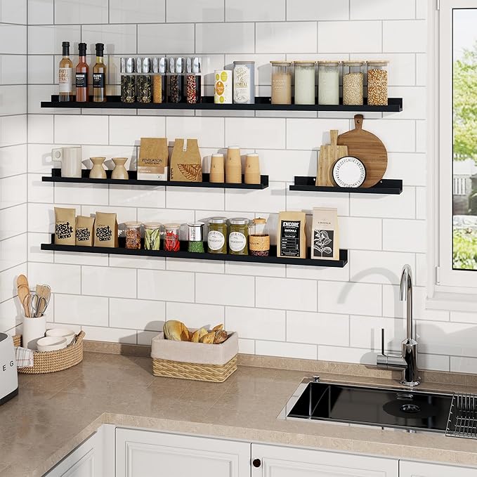 RICHFOCUS Picture Ledge Shelf, 30 inch Floating Shelves Set of 2, Wood Wall Shelves with Lip, Wall Decor Storage for Bedroom Living Room Bathroom Kitchen Nursery Photo Picture, Black