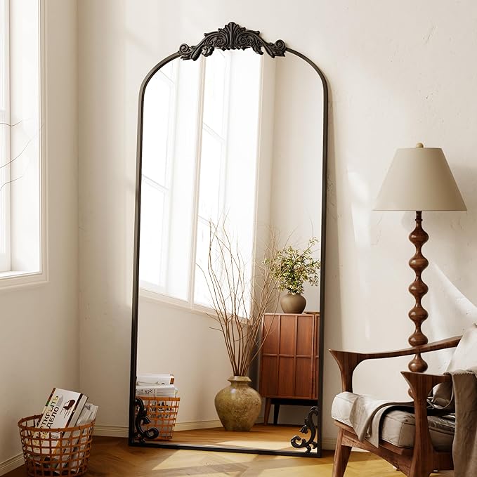 GLSLAND 32"x71" Vintage Full Length Mirror,Large Carved Arched Full Body Mirror with Metal Frame for Bedroom/Living Room/Entryway,Black