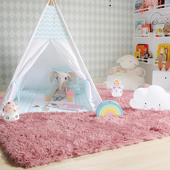 Amdrebio Blush Pink Area Rugs for Living Room Girls Bedroom, 6x9 Kawaii Shaggy Fluffy Rugs for Kids Room Playroom, Plush Shag Fuzzy Furry Carpet for Nursery Dorm Classroom, Cute Dusty Rose Mauve Rug