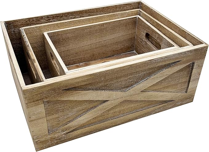 Admired By Nature Wooden Crates Storage Container, Set of 3 Farmhouse Style Decorative Baskets for Home Decor, Rustic Decor, Nesting Stackable Organizers, Distressed Wood Crates, Barn Door Light Brown