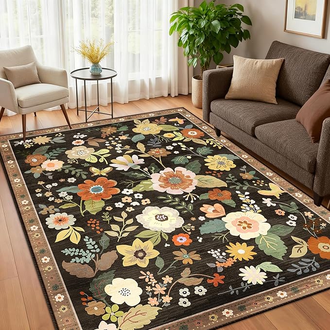 RELEANY Floral Nursery 4x6 Area Rugs Washable Print Boho Cute Carpet Non Slip Flower Low Pile for Living Room Kids Girls Playroom Bedroom Kitchen Office Farmhouse-Black/Yellow/Red