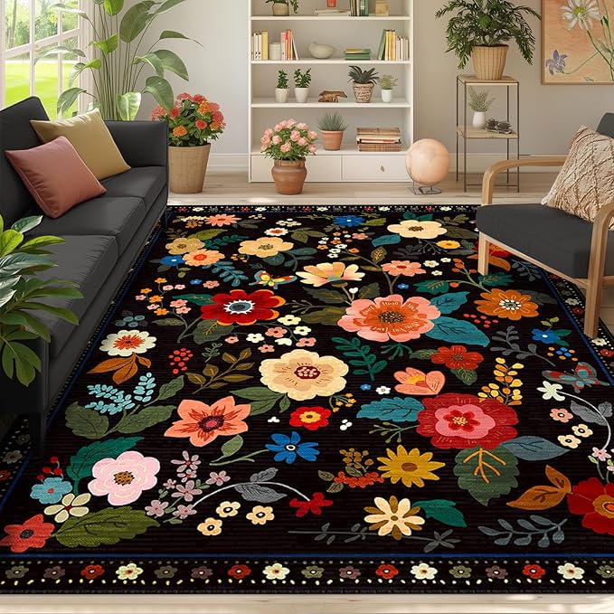 RELEANY Floral Nursery 8x10 Area Rugs Washable Print Boho Cute Carpet Non Slip Flower Low Pile for Living Room Kids Girls Playroom Bedroom Kitchen Office Farmhouse-Black