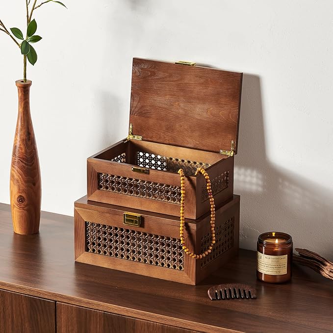 2PCS Decorative Rattan Storage Boxes Solid Wood Baskets Bins with Lid Keepsake Memory Jewelry Box Natural Boho Shelf Wicker Closet Desk Organizer Container (Walnut, 1 Large 1 Small)