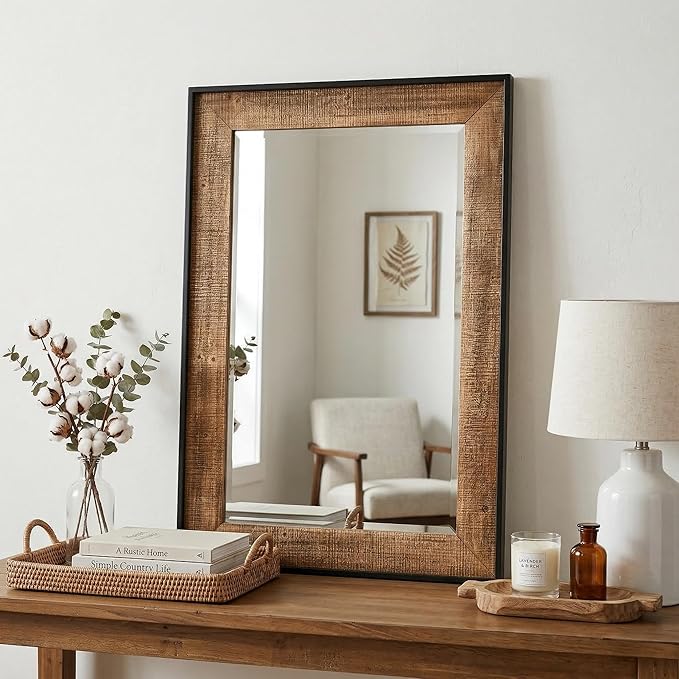 Rustic Solid Wood Wall Mirror 36x24 Inch, Vintage Wood Framed Wall Mirror for Bathroom Over Sink, Living Room, Hallway & Entryway, Farmhouse Style Decorative Mirror