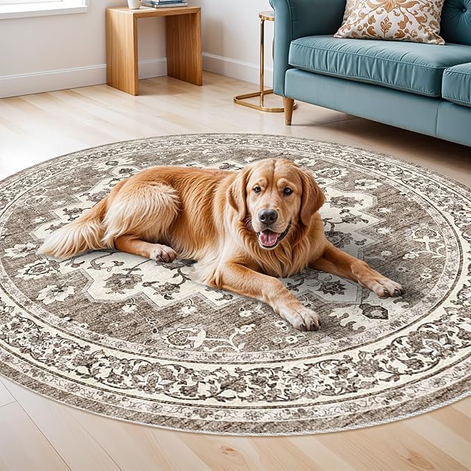 TOPRUUG Washable Oriental Area Rug - 3ft Round Rugs for Living Room Soft Carpet for Bedroom Waterproof Floral Distressed Indoor Stain Resistant Non-Shedding Floor Carpets (Beige, 3ft-Round)