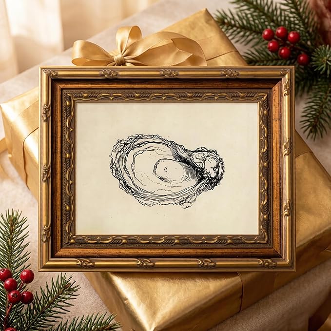 Gold Framed Wall Art Vintage Oyster Shell Sketch Wall Art Rustic Kitchen Cottagecore Seashell Wall Decor Picture Summer Beach House Still Life Poster Print for Living Room Dining Room 12x16in