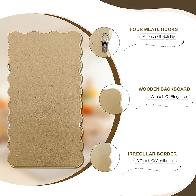 Full Length Mirror, 55"x28" Boho Wavy Wood Floor Mirror, for Bathroom, Bedroom, Living Room, Cloakroom, Entryway