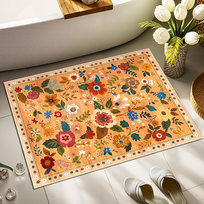 RELEANY Floral Nursery 2x3 Area Rugs Washable Print Boho Cute Carpet Non Slip Flower Low Pile for Living Room Kids Girls Playroom Bedroom Kitchen Office Farmhouse-Yellow/Orange