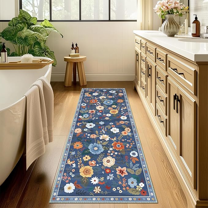 RELEANY Floral Nursery 2x6 Area Rugs Washable Print Boho Cute Carpet Non Slip Flower Low Pile for Living Room Kids Girls Playroom Bedroom Kitchen Office Farmhouse-Blue/Grey