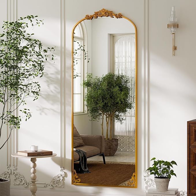 GLSLAND 56"x21" Vintage Full Length Mirror - Carved Arched Floor Standing Mirror, Baroque Full Body Mirrors for Bedroom Living Room Entryway, Gold Frame