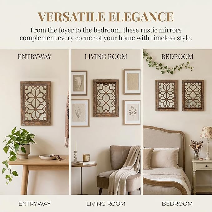 Set of 2 11x15 Inch Rectangular Shatterproof Redbrown Decorative Wall Mirrors, Boho Farmhouse Rustic Vintage Accent Mirrors for Living Room Bedroom Entryway & Home Decor