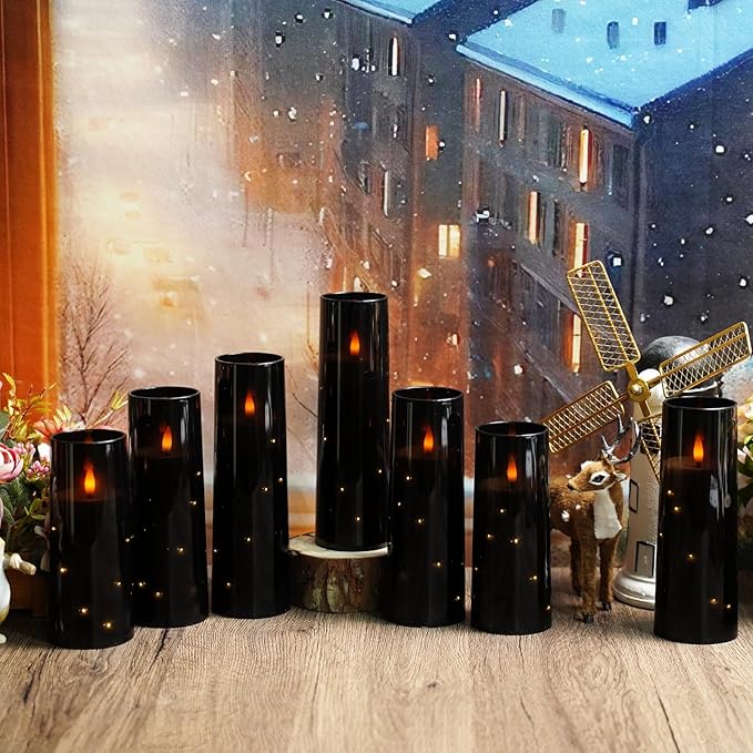 kakoya Flameless LED Candles with Timer 9 Pc Flickering Flameless Candles for Romantic Ambiance and Home Decoration Stable Acrylic Shell,with Embedded Star String,Battery Operated Candles(Black)