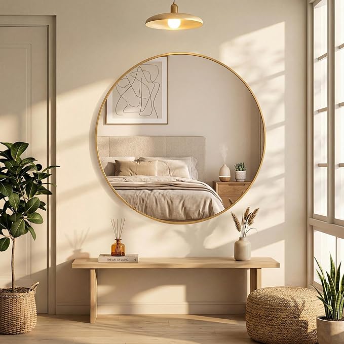 OLIXIS Gold Round Wall Mirror 28 Inch, Round Mirrors for Wall Decor, Circle Mirror for Bathroom, Entryway, Bedroom, Vanity