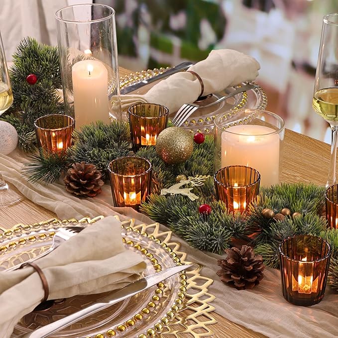 NITIME 24Pcs Vintage Ribbed Amber Votive Candle Holders, Fall Centerpieces for Tables, Tealight Candle Holder for Thanksgiving, Wedding Decor, Boho Home Decor and Christmas Decor