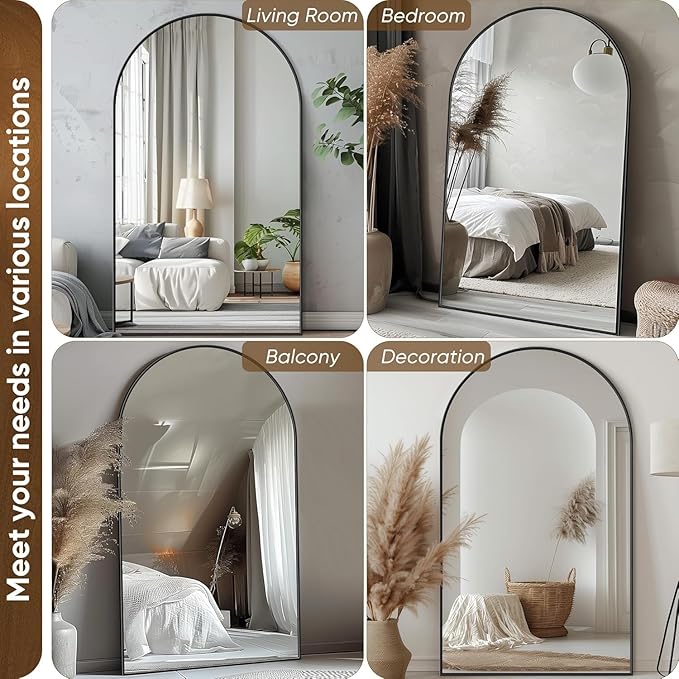 Antok 76" x44” Arched Full Length Floor Mirror, Black Aluminum Frame, Free Standing/Wall Mount/Leaning for Bedroom, Living Room, Dressing Room