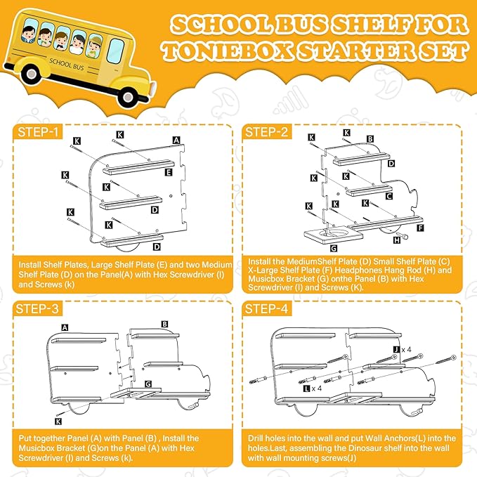 School Car for Tonies Box 1/2 Tonies Figures Organizer Storage Shelf Wall Mounted, Magnetic Display Collection 30~40 Characters Floating Shelves Storage Player, Earphones