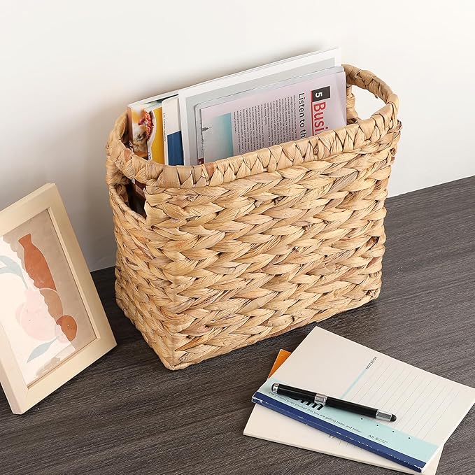 BTSKY Woven Magazine Holder, Water Hyacinth Magazine Basket, Natural Narrow Storage Basket Bin for Books & Files, Magazine Rack with Built-in-Handle for Home, Office & Desk - 11.4x5.9x10.6 Inch