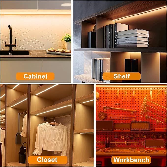 maylit Under Cabinet Strip Lighting Plug in 60in, Ultra Bright Small LED Light Bar, 2700K Warm White, Wired Lights for Kitchen Cabinet, Counter, Workbench, Desk, Closet, Shelf, Indoor