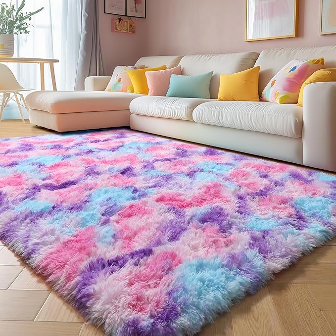 Amdrebio Hot Pink Rainbow Area Rug for Girls Room 5x8, Soft Fluffy Cute Fuzzy Colorful Kids Rugs for Bedroom Nursery Playroom Classroom, Shaggy Floor Princess Carpet for Baby Toddler Teen, Home Decor