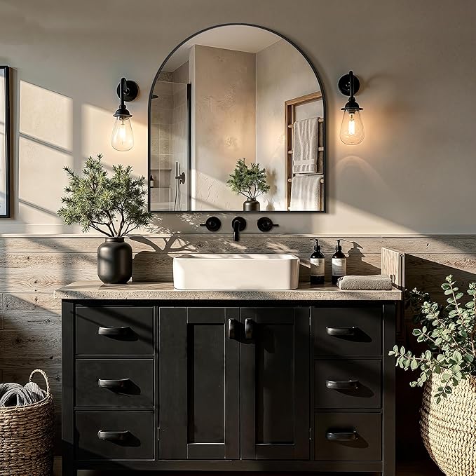 Vanity Bathroom Mirror for Wall, 32”x30” Arched Bathroom Mirror for Over Sink, Arched Metal Frame for Bedroom, Living Room, Entryway, Hanging or Leaning, Black
