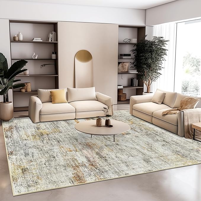 Soalmost 10x14 Area Rugs for Living Room, Non Slip Machine Washable Vintage Rugs, Low Pile Lightweight Large Rug for Bedroom, Dining Room, Home Office Gray Rust