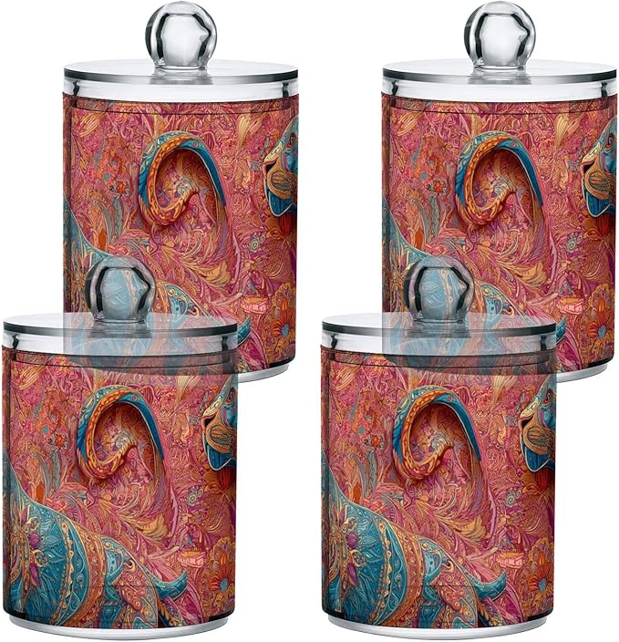 2 Pack Apothecary Jars Pastel Colored Painted Leopard Bathroom Vanity Storage Organizer Set,Small Clear Plastic Storage Jars Bathroom Canister for Cotton Swabs, Rounds, Balls, Qtips,Makeup Spon