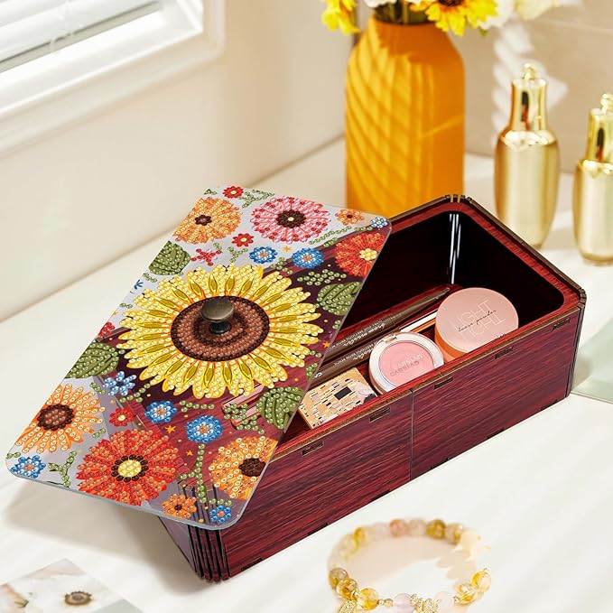 Diamond Art Painting Storage Box Kit, DIY Rectangular Wooden Decorative Container Holder with Lid, Snack Jewelry Gem Art Organizer Case for Adults (Sunflower)
