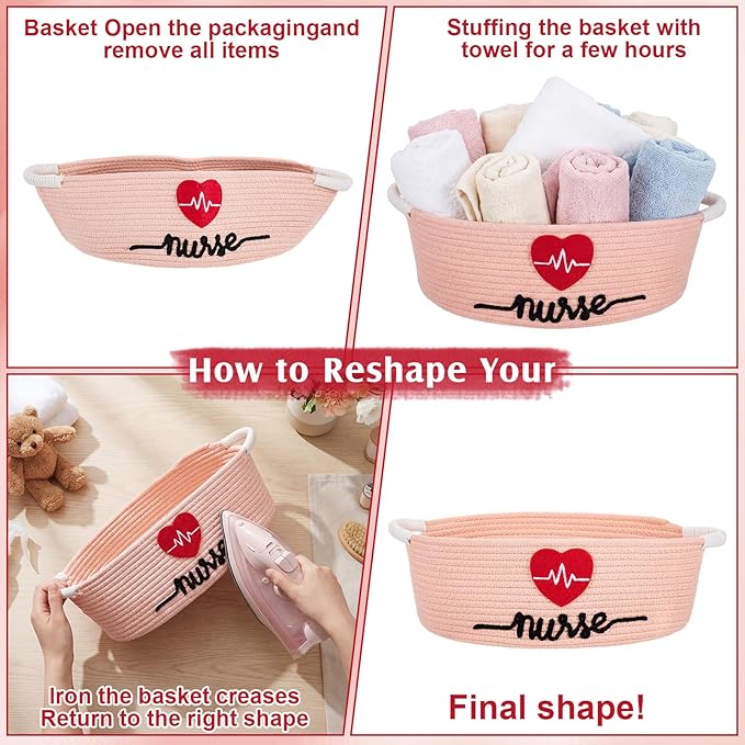 Colingmill 2026 Graduations & Nurses Week Gift Basket Empty to Fill, Woven Rope Basket 15" x 11" x 6" Decorative Storage Baskets with Gift Bag, Bow, Tissue Paper & Year Charm(Pink)